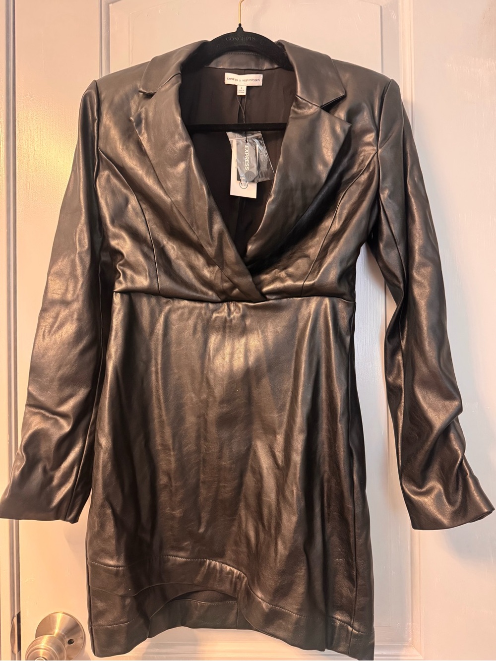 Express X Negin Mirsalehi Black Vegan Leather Blazer Dress